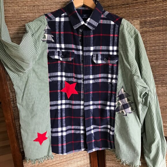 Upcycled Patchwork Button-Down Shirt, Size M-L: Boho Mixed Print Top with Fringe - Picture 8 of 12